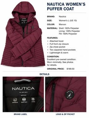 Nautica Women's Maroon Hooded Puffer Jacket